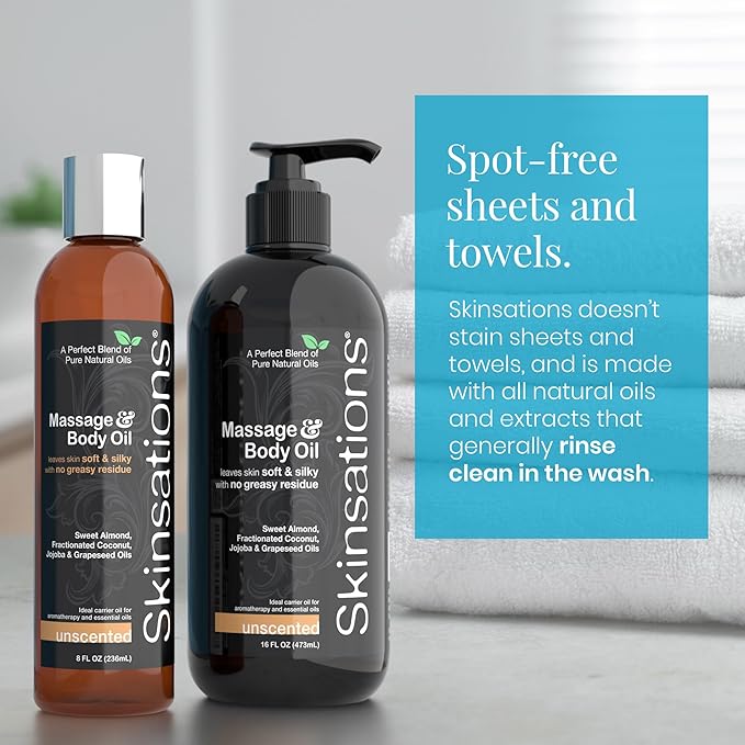 Skinsations - Unscented Massage Oil for Massage Therapy - 16oz | Silky-Soft Blend of Sweet Almond, Fractionated Coconut, Grapeseed and Jojoba Oil | Scented Body Oil, Sore Muscles, Aromatherapy