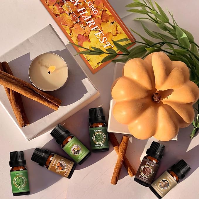 SALKING Autumn Fragrance Oils, Premium Fall Essential Oils for Diffuser, Scented Oils Gift Set for Soap Candle Making Scents - Cinnamon, Pumpkin Spice, Apple Cider, Vanilla, Forest Pine, Snickerdoodle