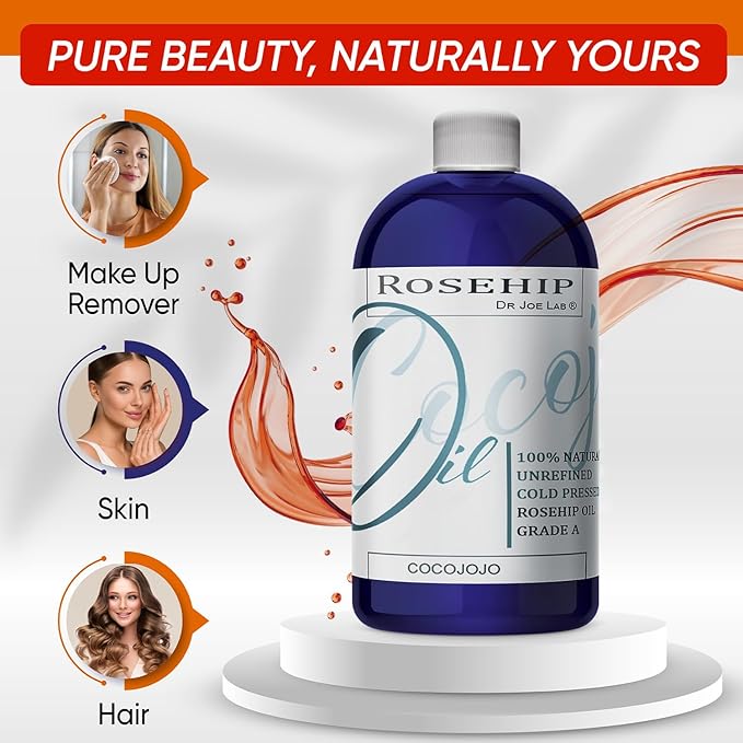 cocojojo Rosehip Oil for Face, Rosehip Oil, Pure Refined Cold Pressed All Natural for Hair Skin, Face Body Nails - 32 Oz