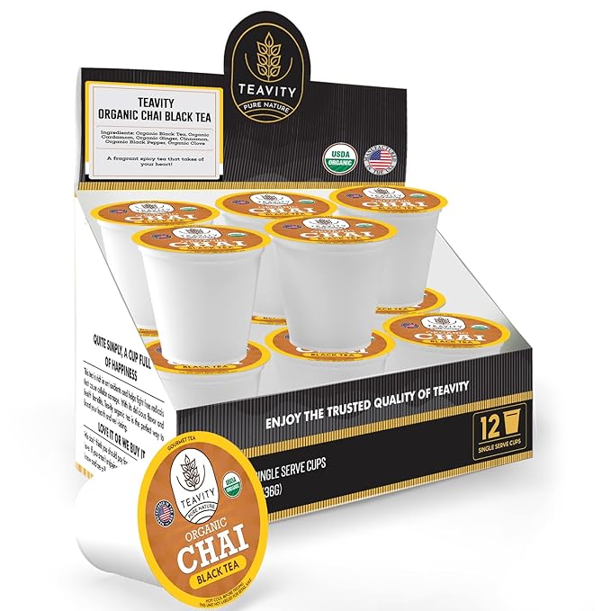 Organic Chai Black Tea Pods for Keurig Naturally Caffeinated by Teavity (12 Tea Pods)