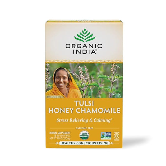 Organic India Tulsi Honey Chamomile Herbal Tea - Holy Basil, Stress Relieving & Calming, Immune Support, Adaptogen, Vegan, USDA Certified Organic, Caffeine-Free - 18 Infusion Bags, 1 Pack