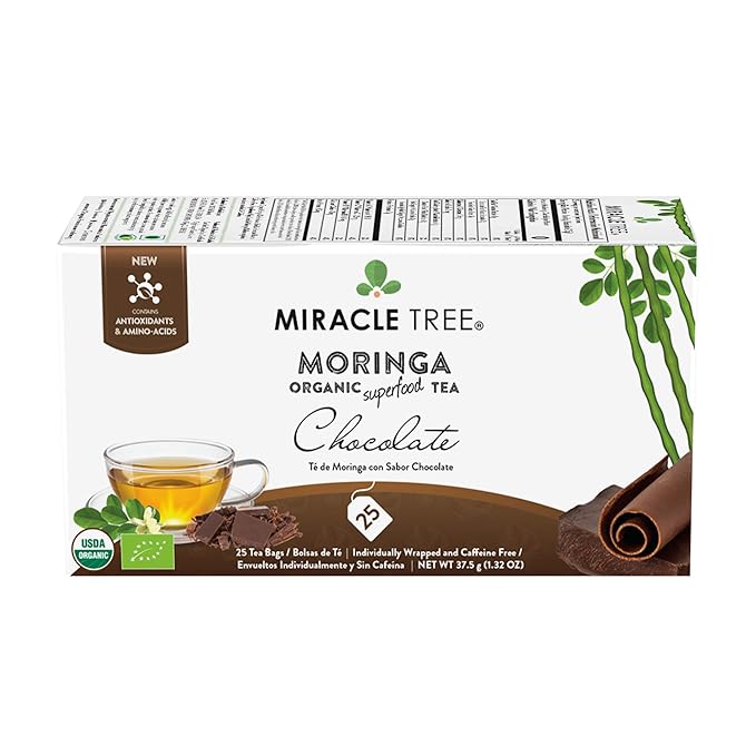Miracle Tree - Organic Moringa Superfood Tea, 25 Individually Sealed Tea Bags, Chocolate (Keto, Detox, Energy & Immunity Booster, Vegan, Gluten-Free, Organic, Non-GMO, Caffeine-Free)