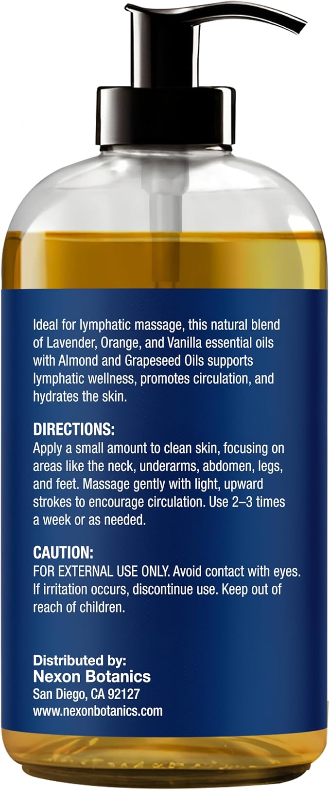 Lymphatic Drainage Massage Oil 8 fl oz - Facial Lymphatic Massage - Muscle Relief & Natural Detox - Arnica, Lavender, Vanilla & Orange - Nexon Botanics