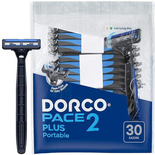 Dorco Pace 2 Plus Disposable Razor, 2 Blades, Pivoting Head, Open-Flow for Easy Rinsing, Lubricating Strip, Non-Slip Rubber Handle (30ct)