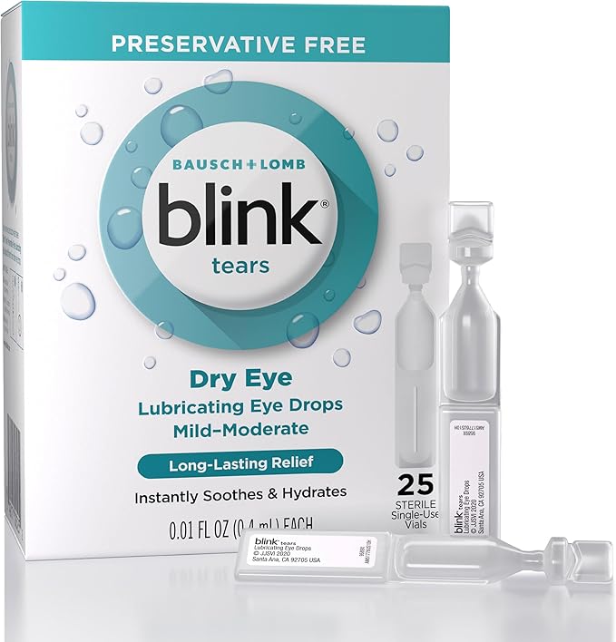 Blink Tears Lubricating Eye Drops Preservitive Free, Moisturizing & Soothing for Mild to Moderate Dry Eyes, with Hyaluronate, Reduces Discomfort, Long-Lasting Hydration, 0.01 Vials (25 Count)