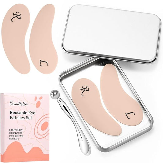 2 Pairs Reusable Under Eye Wrinkle Patches Silicone Mask, Plump Fine Lines & Wrinkles, with Metal Eye Cream Applicator, Tin Case, Cream Color