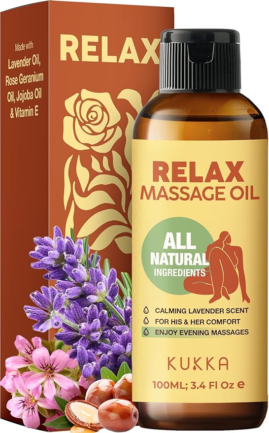 Kukka Relax Massage Oil for Massage Therapy - 3.38 Fl Oz - 100% Pure Natural Full Body Oil Relaxing, Warming for Women & Men, with Lavender, Jojoba, Rose Geranium & Vitamin E