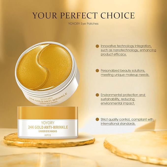 Hydrogel Eye Patches for Dark Circles, Puffy Eyes & Wrinkles - Collagen & Hyaluronic Acid Infused Under Eye Masks, Hydrating Firming Care, Fine Lines,Eye Bags Reduction (60 Pcs) Gold