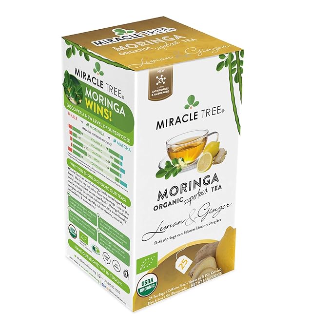 Miracle Tree - 12 Count of Organic Moringa Superfood Tea, 25 Individually Sealed Tea Bags, Ginger & Lemon (Keto, Detox, Energy/Immunity Booster, Vegan, Gluten-Free, Organic, Non-GMO, Caffeine-Free)