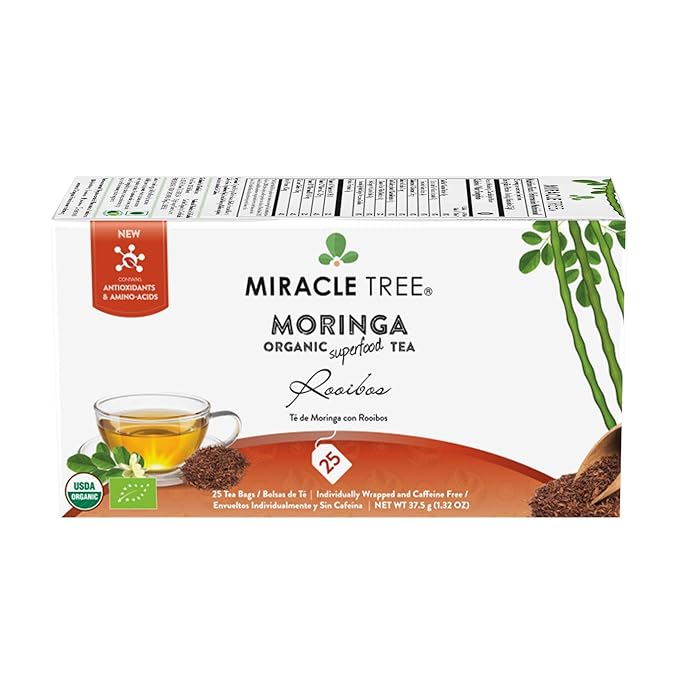 Miracle Tree - Organic Moringa Superfood Tea, 25 Individually Sealed Tea Bags, Rooibos (Keto, Detox, Energy & Immunity Booster, Vegan, Gluten-Free, Organic, Non-GMO, Caffeine-Free)