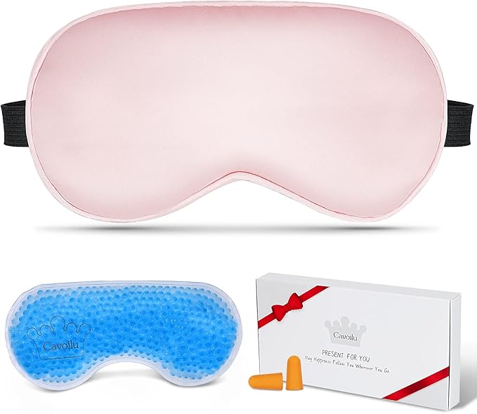Cooling Eye Mask for Sleeping, Silk Sleep Mask w/Gel Eye Mask, Heated Eye Masks, Blindfold Eye Cover Women Sleeping Mask for Home, Office, Travel, Yoga, Medditation, Stocking Stuffers(Pink)