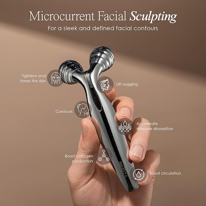 VORA Microcurrent Facial Roller by Project E Beauty | 3D Face & Body Massager | Instant Face Lift & V-Shape | Collagen Boost | Tightens Skin | Anti-Aging | Roller Tightens Skin | Solar Powered