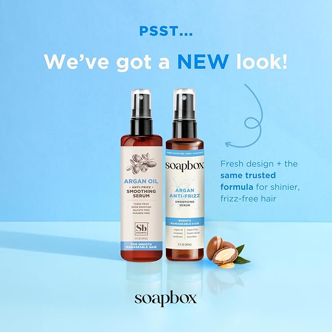 Soapbox Argan Oil Smoothing Serum, Anti-Frizz Serum For All Hair Types with Shea Butter & Vitamin E Repairs Damage & Controls Flyaways - Vegan, Cruelty and Gluten Free (5 Fl oz)