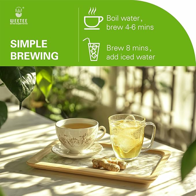 WT WEETEE Organic Ginger Green Tea Bags, Made of Green Tea with Ginger Roots, 100 Warm & Refreshing Low Caffeine Herbal Tea Bags