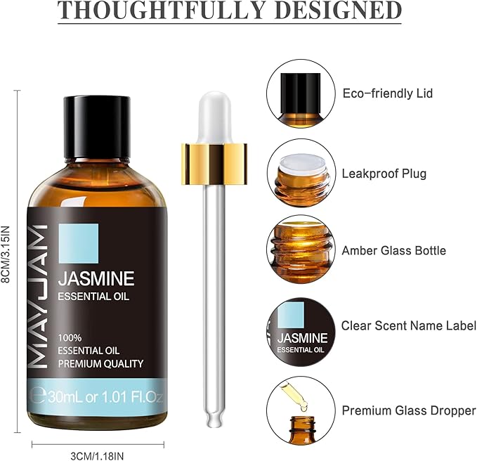 Jasmine Essential Oil 30ML/ 1.01FL.OZ, MAYJAM Pure Jasmine Oil Aromatherapy Essential Oil for Massage, DIY Soap, Ideal for Home Yoga Use