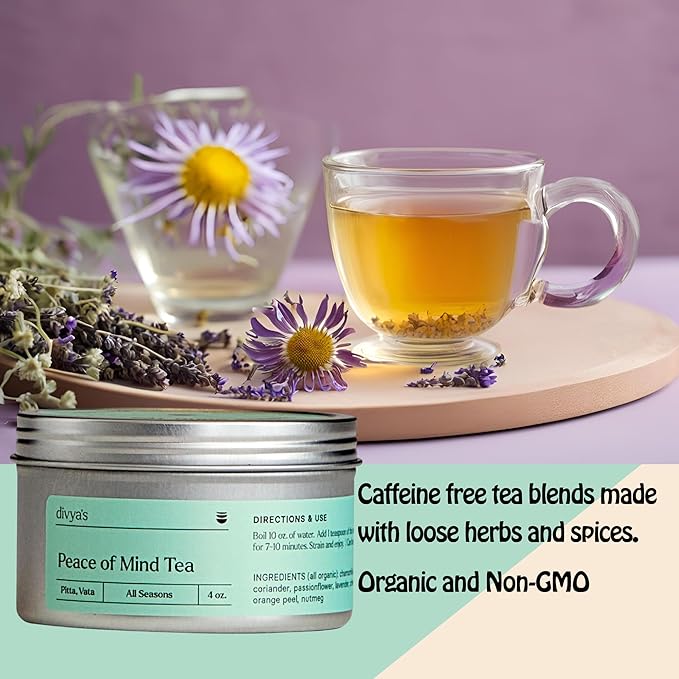 Divya's Calming Peace of Mind Tea, Ayurvedic Herbal Tea with Chamomile, Passion Flower, Lavender, Calming Herbs to Unwind & Relax, Caffeine Free, Organic, Non-GMO, Ayurvedic, Loose Leaf Tea