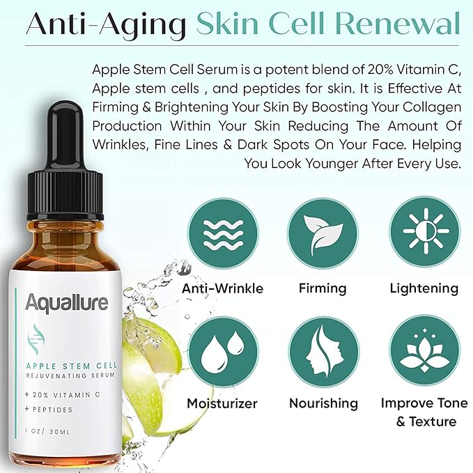 Antioxidant Rescue Cream and NEW! Aquallure Apple Stem Cell Rejuvenating Serum - Anti Aging 2 Step BUNDLE - Moisturizing Peptides, Hyaluronic Acid, Vitamin C 20% - (1 oz each) (2 items)