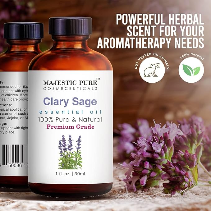 MAJESTIC PURE Clary Sage Essential Oil, Premium Grade, Pure and Natural, for Aromatherapy, Massage, Topical & Household Uses, 1 fl oz
