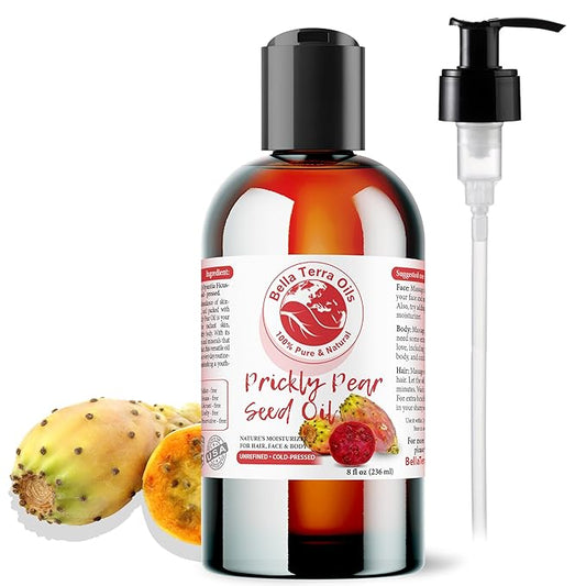 Bella Terra Oils - Prickly Pear Seed Oil 8 oz - The Symmetry of Cactus Extract & Barbary Fig, Overflowing with Vitamin B & Zinc, A Precious Skin Delight