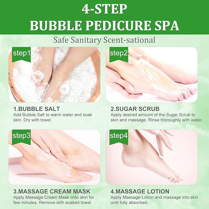 Pedicure Kit Foot Soak Set: Bubble Salt, Sugar Scrub, Massage Mask, Massage Lotion in a Box, 4 Step Foot Spa Kit for Dry Feet, Calluses and Tired Feet(3 Set Olive)