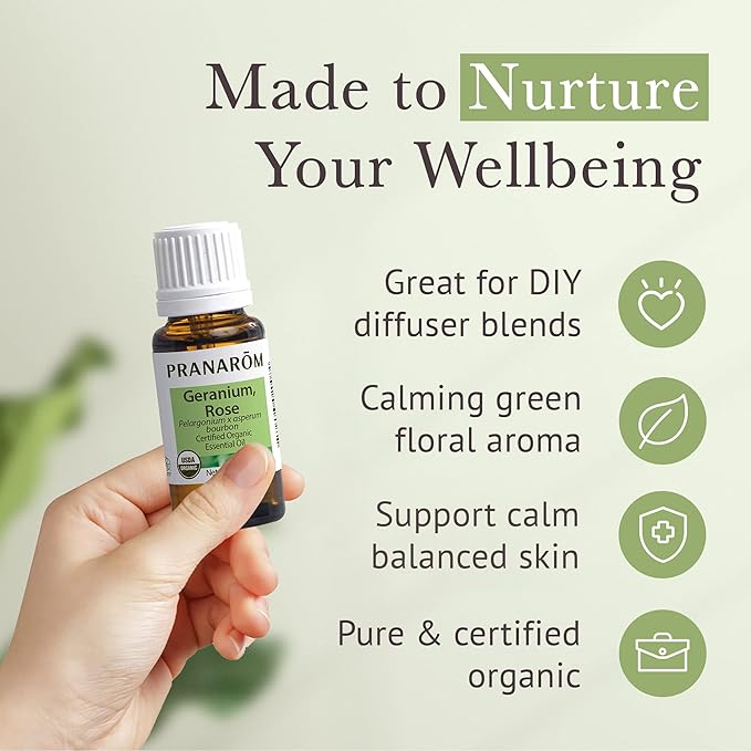 Pranarom USDA Certified Organic Rose Geranium Essential Oil (15ml), 100% Pure Undiluted Therapeutic Grade from Madagascar for Aromatherapy, Diffuser, Skincare, Relaxation, Pure Rose Scent