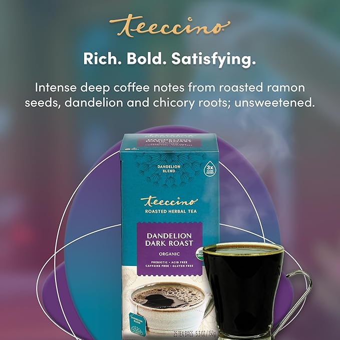 Teeccino Dandelion Herbal Tea - Dark Roast - 25 Tea Bags - Caffeine Free, Prebiotic, Gluten Free, 3x More Herbs