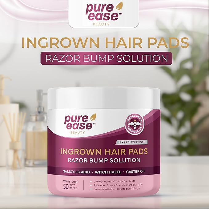Ingrown Hair Treatment & Exfoliating Pads – 50 Pre-Soaked Wipes for Razor Bumps Treatment for Women – Skin-Smoothing Formula for Face, Neck, Underarms & Bikini Area