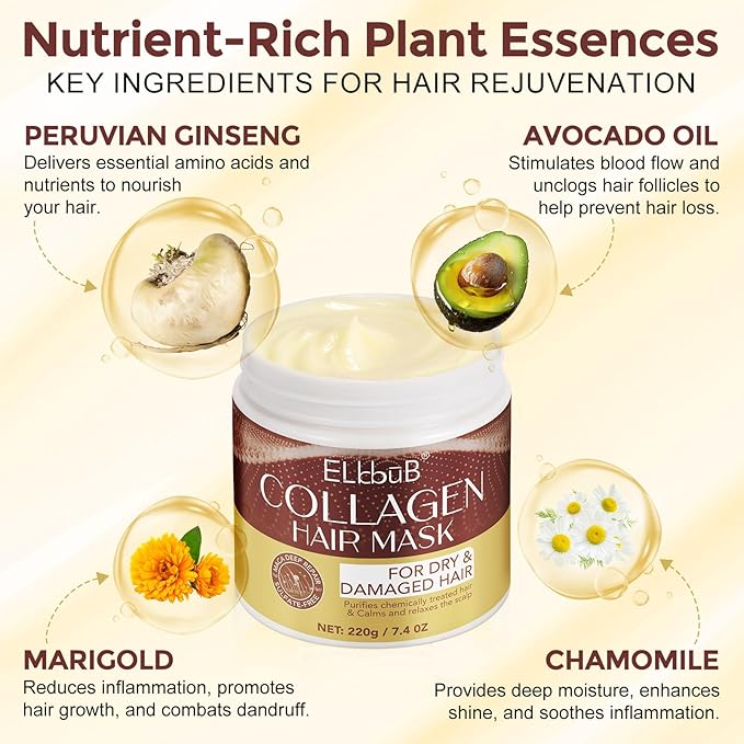 Collagen Hair Mask with Peruvian Ginseng, Avocado Oil, Marigold & Chamomile - Deep Repair Treatment for Dry, Damaged Hair - Restores Shine, Hydration & Strength - Suitable for All Hair Types