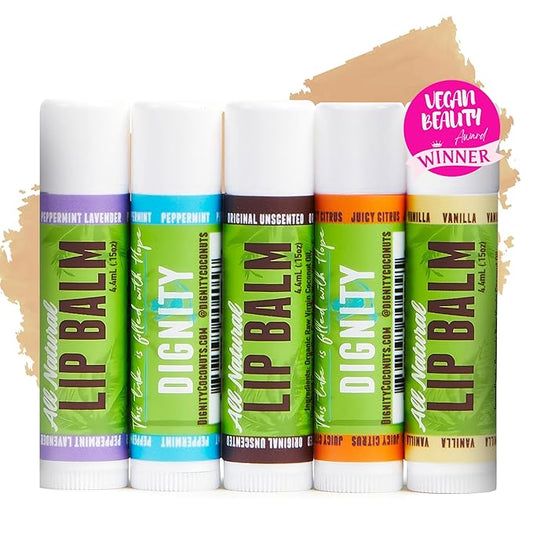 Fragrance Free Lip Balm w/Coconut Oil, Cocoa Butter & Essential Oils – Hydrating Lip Care Set - Vegan Lip Balm (Pack of 5 Lavender Peppermint, Juicy Citrus, Vanilla, Peppermint, Unscented)