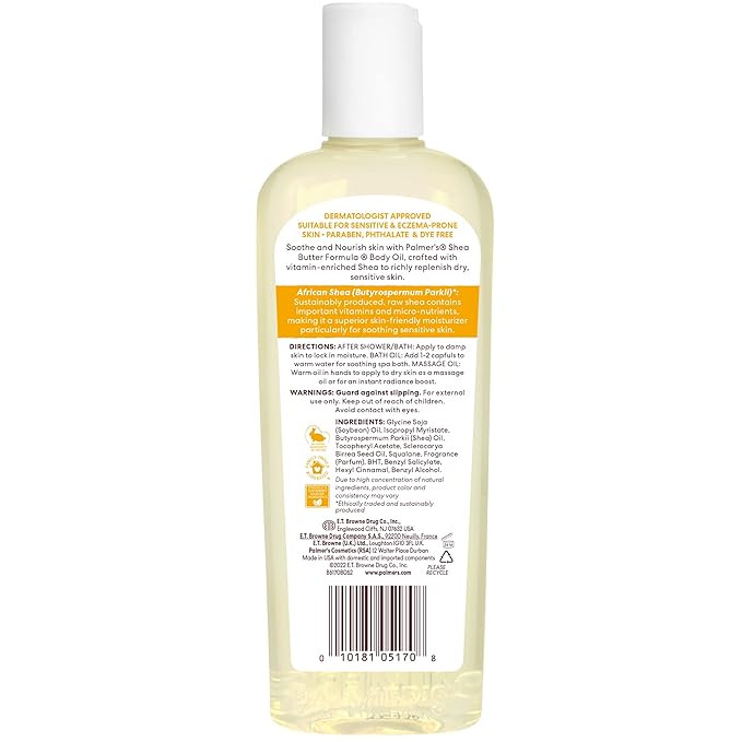Palmer's Shea Formula Raw Shea Body Oil with Vitamin E, Deep Body Moisturizer to Soothe & Nourish Dry, Sensitive & Eczema-Prone Skin, 8.5 oz