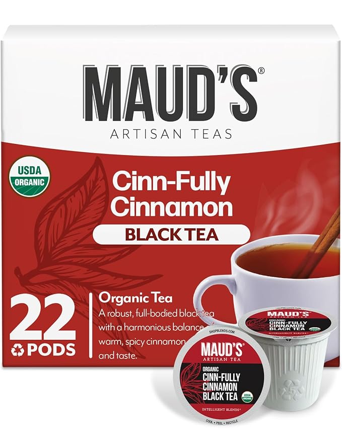 Maud's Cinnamon Organic Black Tea Pods, 22 ct, Recyclable Single Serve Tea Pods – 100% Gourmet Blended Tea Leaves, Compatible with Keurig K Cups Maker