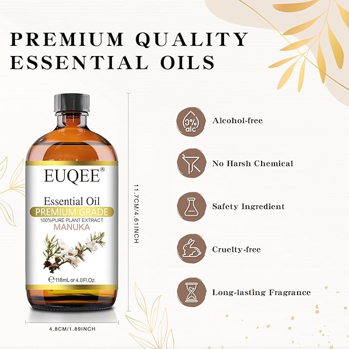 Manuka Essential Oil 118ml Large Capacity Pure Manuka Oil with Glass Dropper for Skin, Diffuser, Aromatherapy, Cleaning, Soap Candle Making - 4Fl.Oz