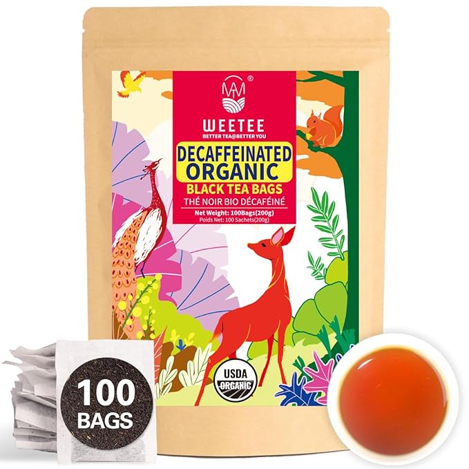 WT WEETEE Organic Decaf Black Tea Bags, Organic Black Tea 100 Count | Smooth & Mild Taste | CO2-Decaffeinated | Resealable Kraft Bag