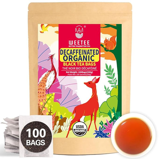 WT WEETEE Organic Decaf Black Tea Bags, Organic Black Tea 100 Count | Smooth & Mild Taste | CO2-Decaffeinated | Resealable Kraft Bag