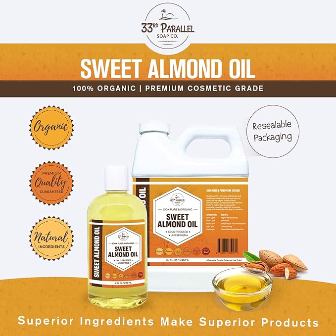 ORGANIC SWEET ALMOND OIL (16 oz) Premium Cold Pressed Unrefined | 100% Pure Sweet Almond Oil for Skin, Face, Hair, Soap Making | Carrier for Essential Oils | Available in Bulk | 16 FL OZ