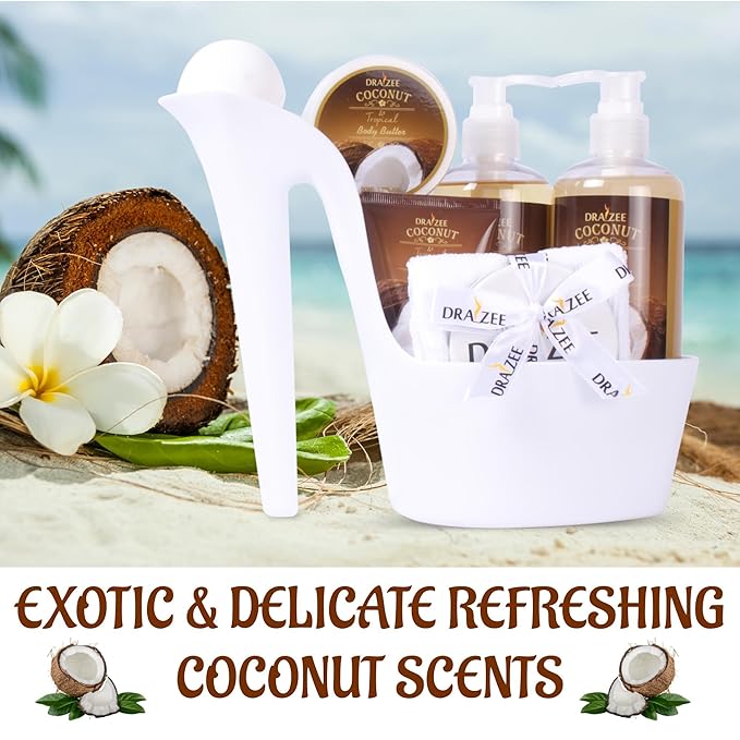 Draizee Mothers Day Gifts for Mom - Spa Gift Baskets for Women, 8 Pcs Luxury Coconut Scented Heel Shoe Design Bath and Body Spa Set-Self Care Package for Women, Presents for Mom, Body Care Set for Her