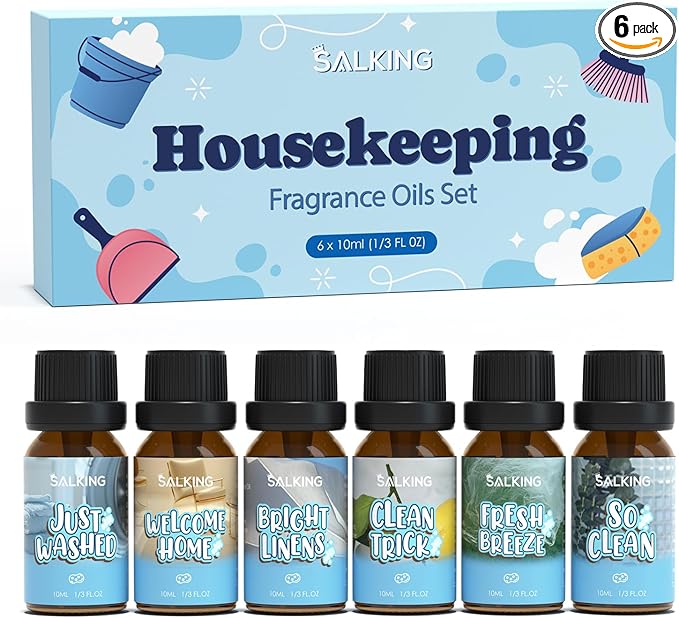 SALKING Housekeeping Fragrance Oils, Premium Essential Oil for Diffuser, Scented Oil Gift Set for Soap Candle Making - Just Washed, Welcome Home, Bright linens, Clean Trick, Clean Breeze, So Clean