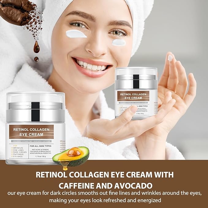Eye Cream with Retinol Collagen for Wrinkles, Avocado for Hydrating, Caffeine and Vitamin C for Dark Circles and Puffiness, Moisturizer for Women, Nourishing Repair Anti Aging Cream