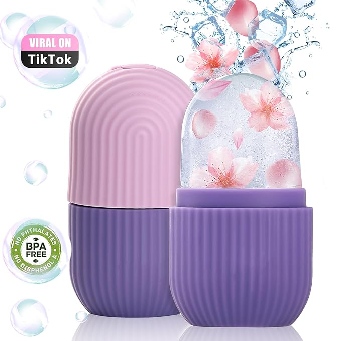 Ice Roller for Face & Eye, Facial Beauty Tool with Gua Sha Massage, Silicone Ice Mold (Purple)