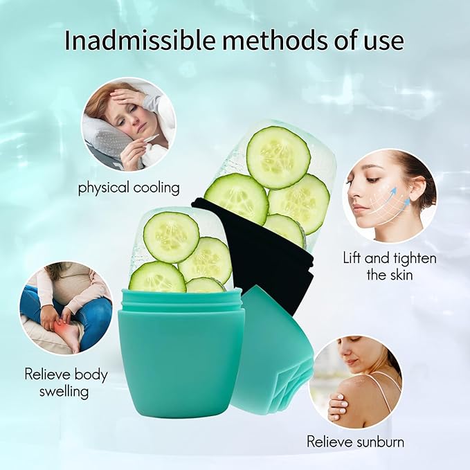 2Pack Ice Roller for Face, Qewro Silicone for Tone skin, Reusable Eye Puffiness Relief, Ice Roller Mold for Neck, Facial Roller to Remove Fine Lines Pores Anti Wrinkles (2Pack Green and Black)