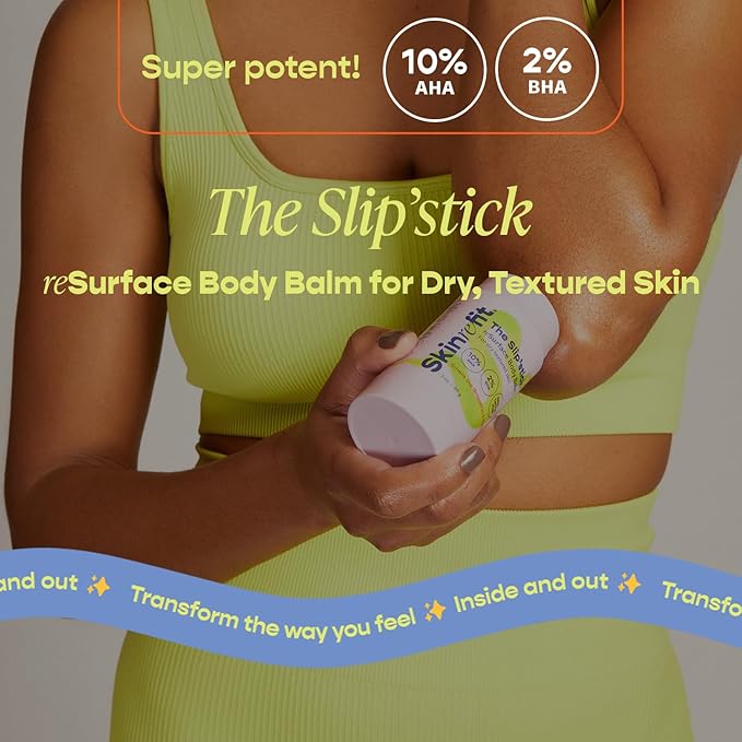 Slip'stick Body Balm - 10% AHA 2% BHA Exfoliating Body Lotion Stick, Moisturize Rough & Bumpy Skin, Salicylic & Glycolic Acid Lotion Bar, Cracked Heels & KP Bump Eraser, Strawberry Legs 3 OZ