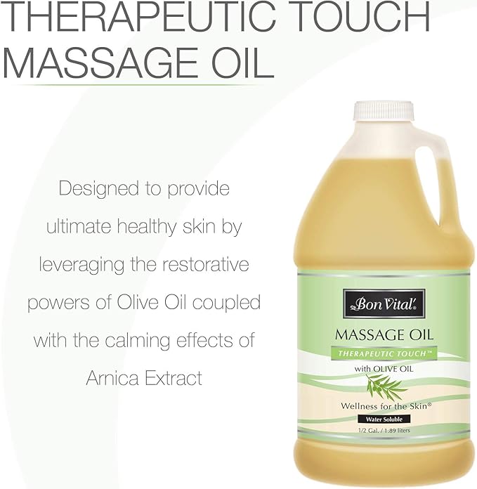 Bon Vital' Therapeutic Touch Massage Oil Made with Olive Oil to Repair Dry Skin & Soothe Sore Muscles, Lightweight Oil Perfect for Any Massage to Hydrate and Nourish Dry, Rough Skin, 1/2 Gallon Bottle