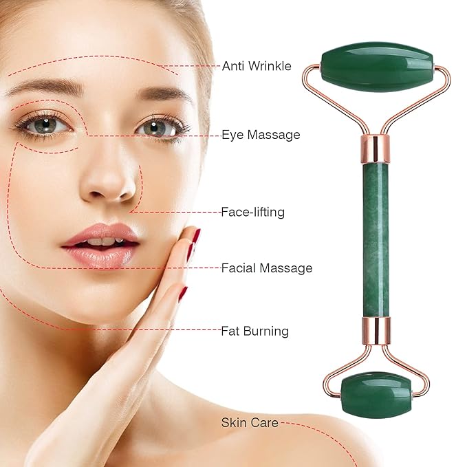 Jade Roller and Gua Sha Set, Facial Skin Care Roller is to Reduce Puffiness and Fine Lines, Massage Tools for Face, Eyes, Neck, Body Muscle Relaxing, with Mask Brush(Green)
