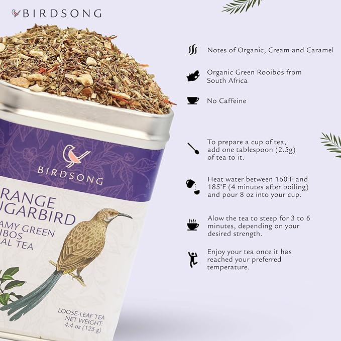 Birdsong Orange Sugarbird: Organic Green Rooibos Herbal Teas, Light and Refreshing Caffeine Free Tea with 100% Natural Sweet Creamy Flavor and Health Benefits, 15 Pyramid Honeybush Orange Tea Sachet