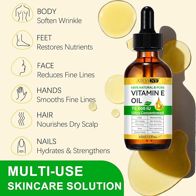 Vitamin E Oil 75,000 IU - Pure & Natural Skin & Hair Care - Moisturizing for Face, Body, Sars and Scalp 2 Fl Oz