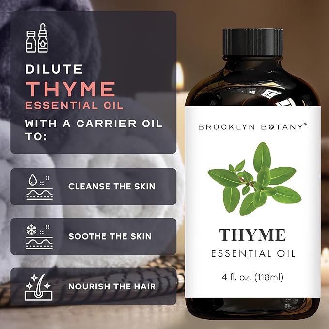 Brooklyn Botany Thyme Essential Oil - Huge 4 Fl Oz - 100% Pure and Natural - Premium Grade with Dropper - for Aromatherapy and Diffuser