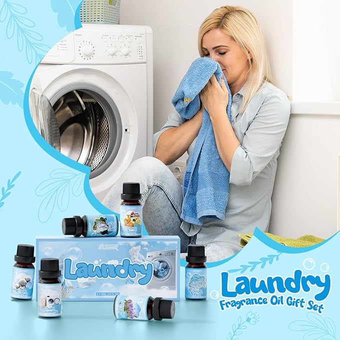 SALUBRITO Laundry Fragrance Oils, Clean Essential Oil Set for Home & Diffuser, Use With Wool Dryer Balls, Fresh Linen, Fresh Cotton, Lavender Field, Citrus Boost, Ocean Mist, Clean Laundry Scented Oil