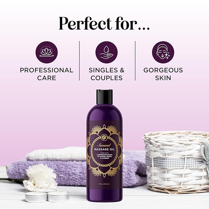 Aromatherapy Sensual Massage Oil for Couples - Relaxing Lavender Massaging Oil for Massage Therapy with Vitamin E Jojoba & Sweet Almond - Naturally Scented Vegan Non GMO & Gluten Free (8 Fl Oz)