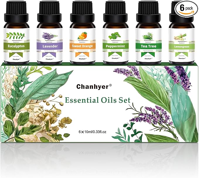 Essential Oils Set - Top 6 Aromatherapy Oils Gift Set, 6 Pack, 10ml (Peppermint, Tea Tree, Lavender, Eucalyptus, Lemongrass, Orange) for Diffusers, Home Fragrance, Massage