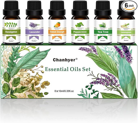 Essential Oils Set - Top 6 Aromatherapy Oils Gift Set, 6 Pack, 10ml (Peppermint, Tea Tree, Lavender, Eucalyptus, Lemongrass, Orange) for Diffusers, Home Fragrance, Massage